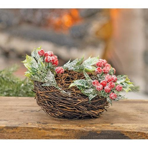Frosty Red Berries & Leaves Bird Nest
