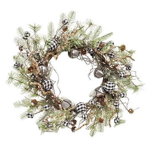 Black & White Country Gingham Bells Wreath 24"