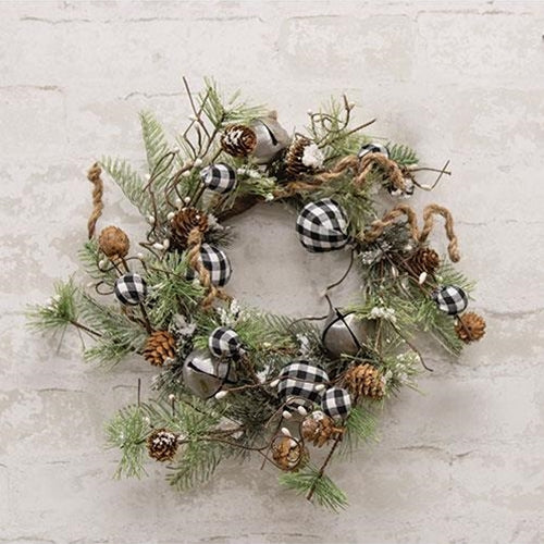 Black & White Country Gingham Bells Wreath 17"