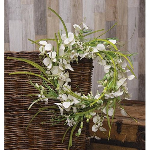 White Wild Flowers and Silver Dollar Wreath 22"
