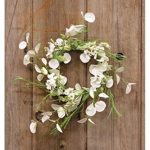 White Wild Flowers and Silver Dollar Wreath 14"