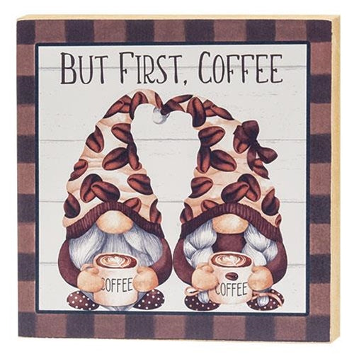 But First Coffee Gnome Square Wooden Block