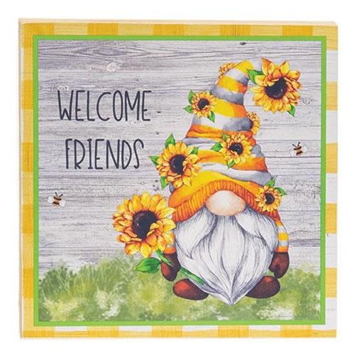 Welcome Friends Sunflower Gnome Square Wooden Block