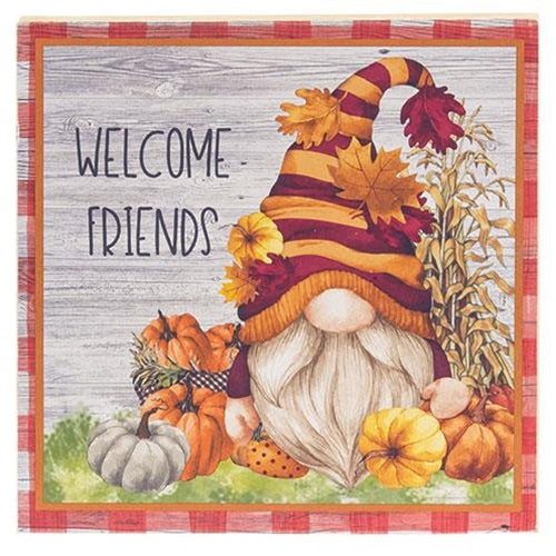 Welcome Friends Pumpkin Gnome Square Wooden Block