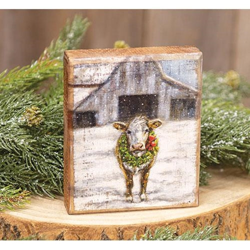 Cow With Wreath Distressed Block