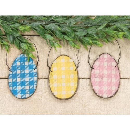 Buffalo Check Distressed Wooden Egg Ornament 3 Asstd.