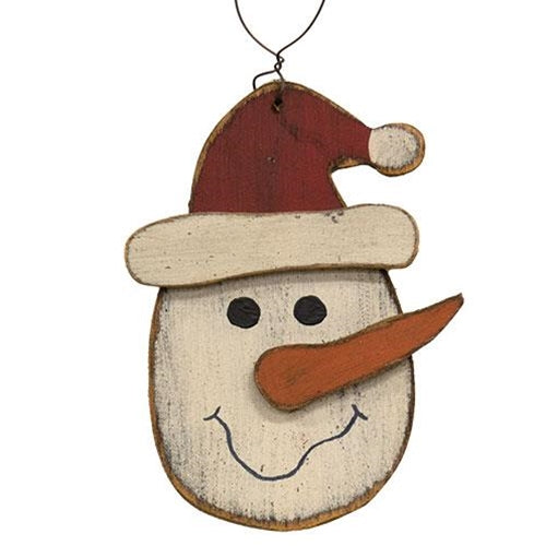 Wooden Snowman in Santa Hat Ornament
