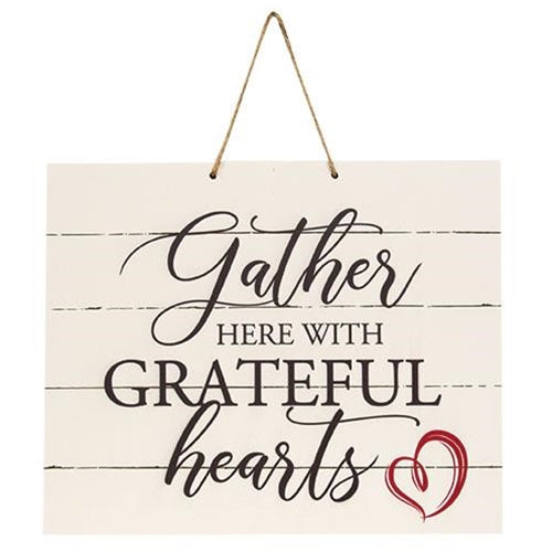 Gather Here With Grateful Hearts Horizontal Pallet Board Rope Sign