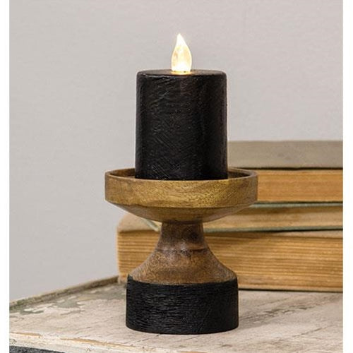 Black & Wood Pillar Candle Holder 4.25"