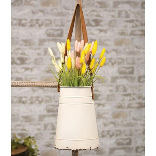 Distressed Cream Metal Wall Bucket w/Leather Hanger