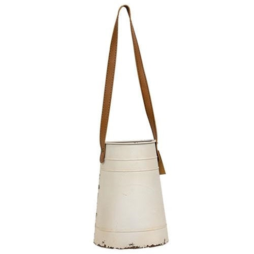 Distressed Cream Metal Wall Bucket w/Leather Hanger