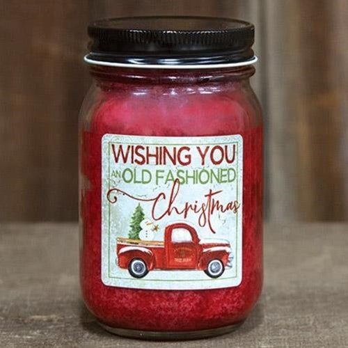 Hollyberry Jar Candle w/Red Truck Old Fashioned Christmas