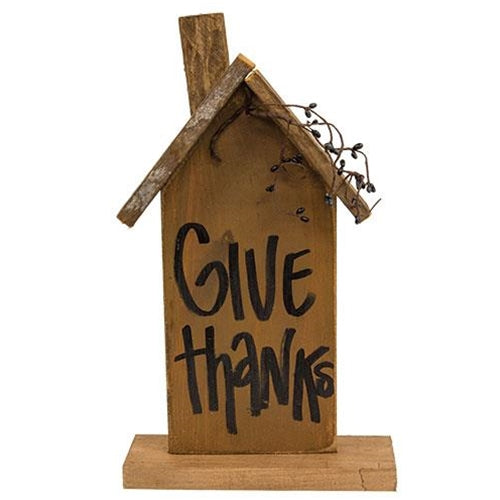 Give Thanks Rustic Wood House on Base Mustard