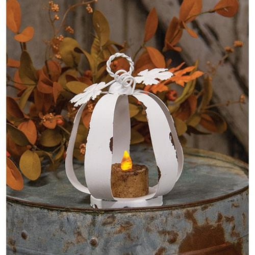 White Distressed Metal Pumpkin Tealight Lantern