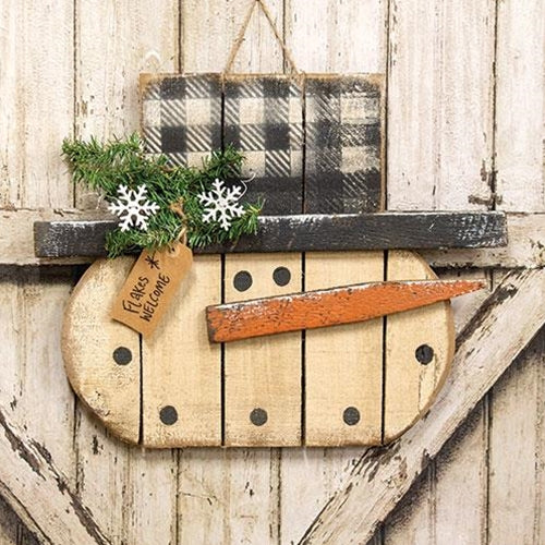 Rustic Wood "Flakes Welcome" Hanging Snowman w/Buffalo Check Hat