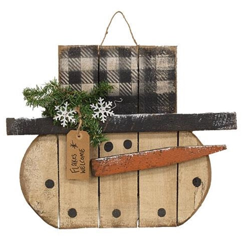 Rustic Wood "Flakes Welcome" Hanging Snowman w/Buffalo Check Hat