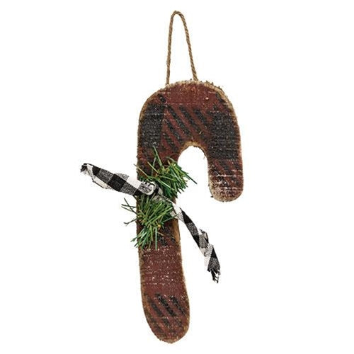 Rustic Wood Red & Black Buffalo Check Candy Cane Ornament Small