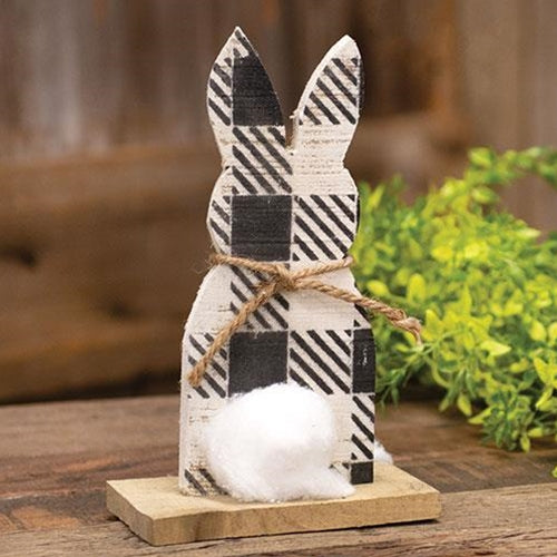 Rustic Wood Black & White Buffalo Check Cottontail Bunny Sitter