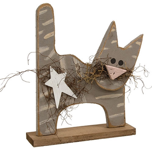 Rustic Wood Gray Tabby Cat on Base 14.5"H