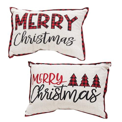 Embroidered Buffalo Check Trim Merry Christmas Pillow 2 Asstd.