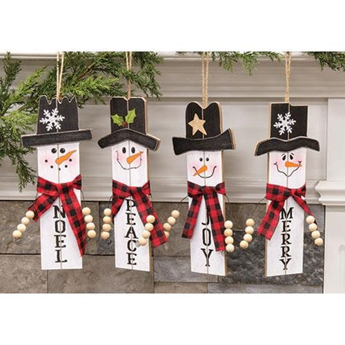 Wooden Beaded Arm Winter Sentiment Hanging Snowman 4 Asstd.