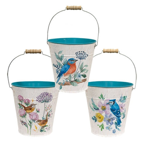 Spring Birds & Blooms Metal Bucket 3 Asstd.