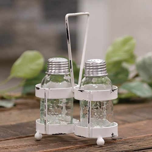 White Wash Salt and Pepper Caddy W/ Shakers