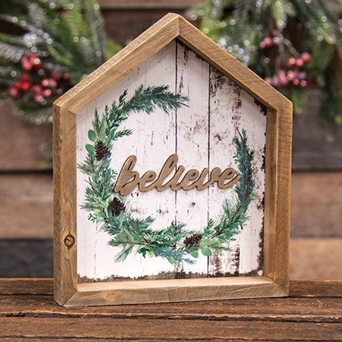 Believe Christmas Wreath House Shadowbox Sign