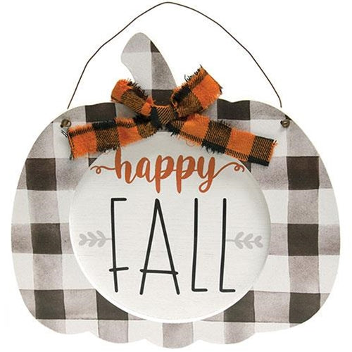 Happy Fall Buffalo Check Hanging Pumpkin