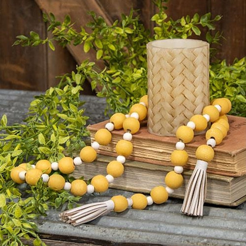 Distressed Yellow and White Bead Garland w/Tassels