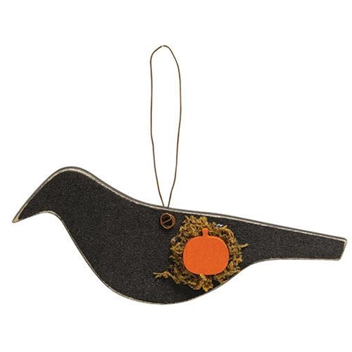 Crow With Pumpkin Wood Ornament