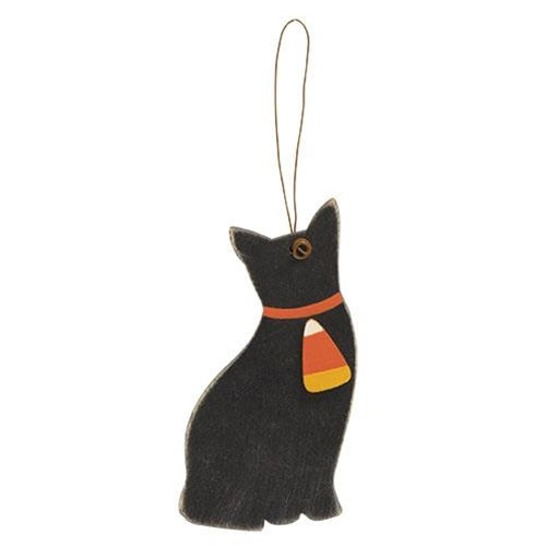 Cat With Candy Corn Wooden Ornament