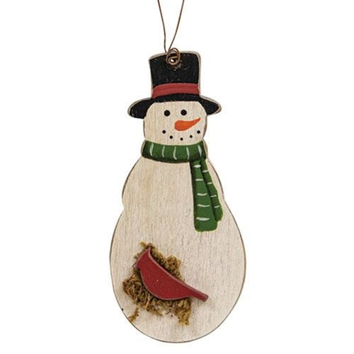 Snowman w/Cardinal & Tophat Wooden Ornament