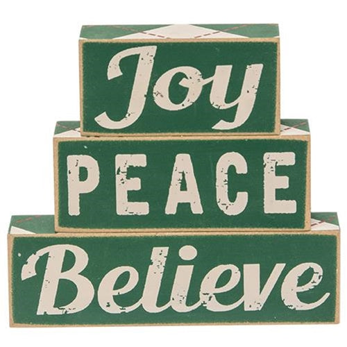 3/Set Plaid Joy Believe Peace Wooden Blocks
