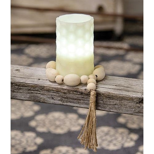 Natural Wood Oval Bead Candle Ring w/Jute Tassel
