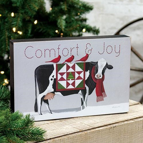 Comfort & Joy Patchwork Cow & Cardinals Box Sign – Primitive Renditions