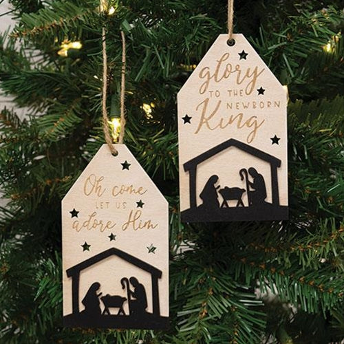 Let Us Adore Him Silhouette Wooden Tag Ornament 2 Asstd.