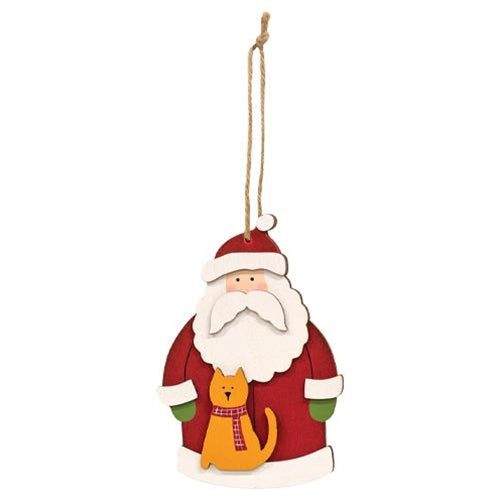 Santa With Cat Wooden Ornament