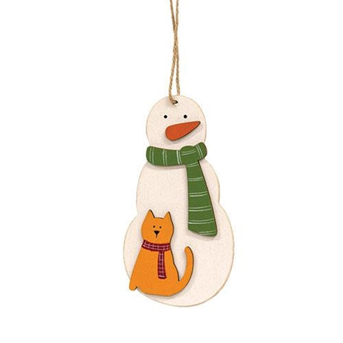 Snowman With Cat Wooden Ornament