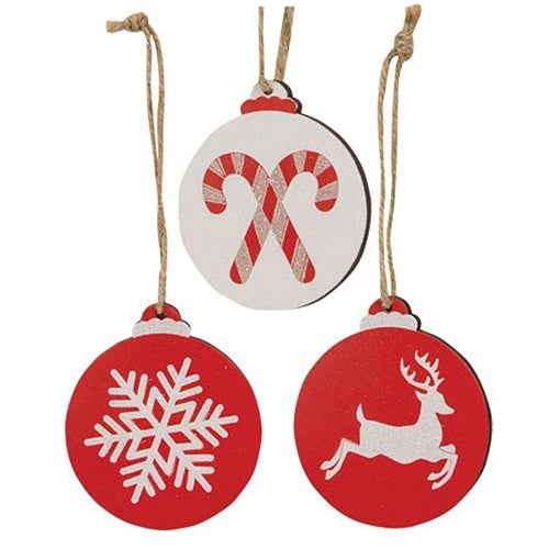 Sparkle Reindeer Candy Canes or Snowflake Wooden Bulb Ornament 3 Asstd.