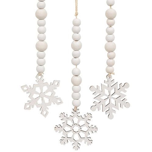White Beaded Wooden Snowflake Cutout Ornament 3 Asstd.