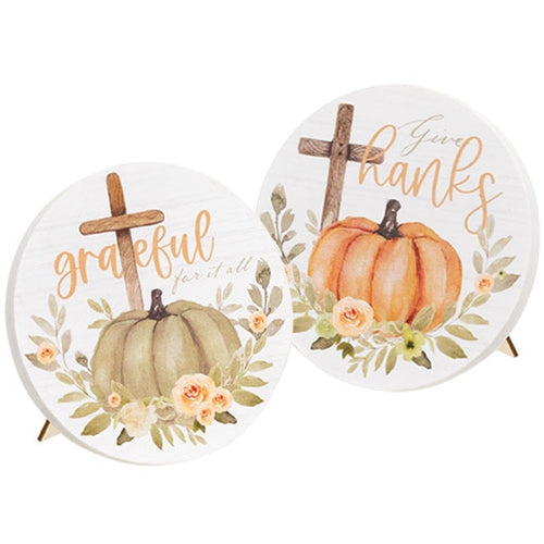 Give Thanks/Grateful Watercolor Pumpkin Round Easel Sign 2 Asstd.