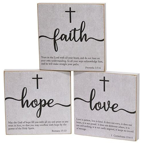 Faith Hope Love Bible Verse Block Sign 3 Asstd.