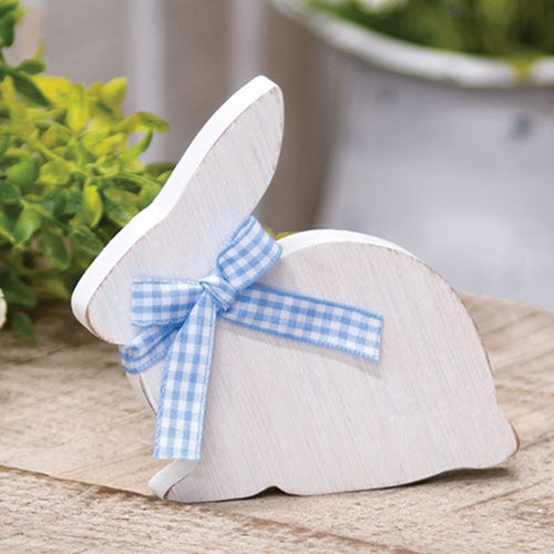 White Wooden Bunny Sitter w/Blue & White Buffalo Check Ribbon