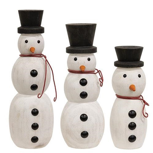 3/Set Wooden Spindle Snowmen w/Top Hats