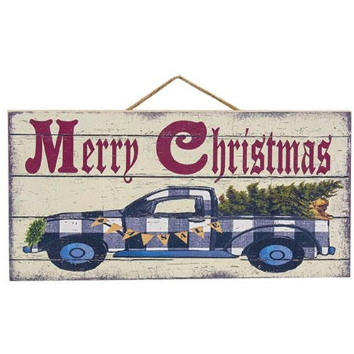 Merry Christmas with Plaid Truck Hanging Sign