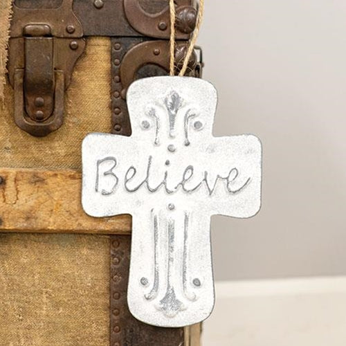 Believe Distressed Metal Cross Dotted Ornament