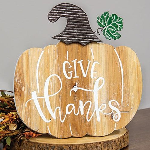 Give Thanks Engraved Wooden Pumpkin Sign w/Easel Back