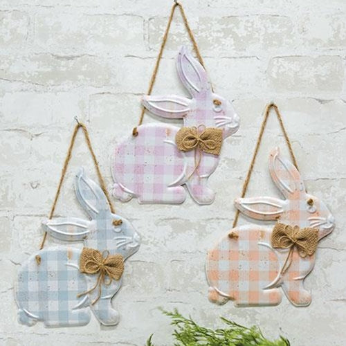 Gingham Bunnies Hanging Metal Sign 3 Asstd. – Primitive Renditions