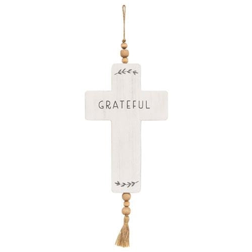Grateful Cross Wood Ornament w/Beads & Tassel